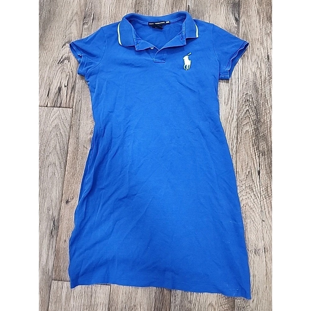 Ralph Lauren Polo Dress Womens Medium Blue Big White Pony Pima Cotton Embroider